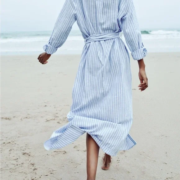 ZARA LINEN STRIPED BELTED MIDI DRESS - Picture 3 of 3